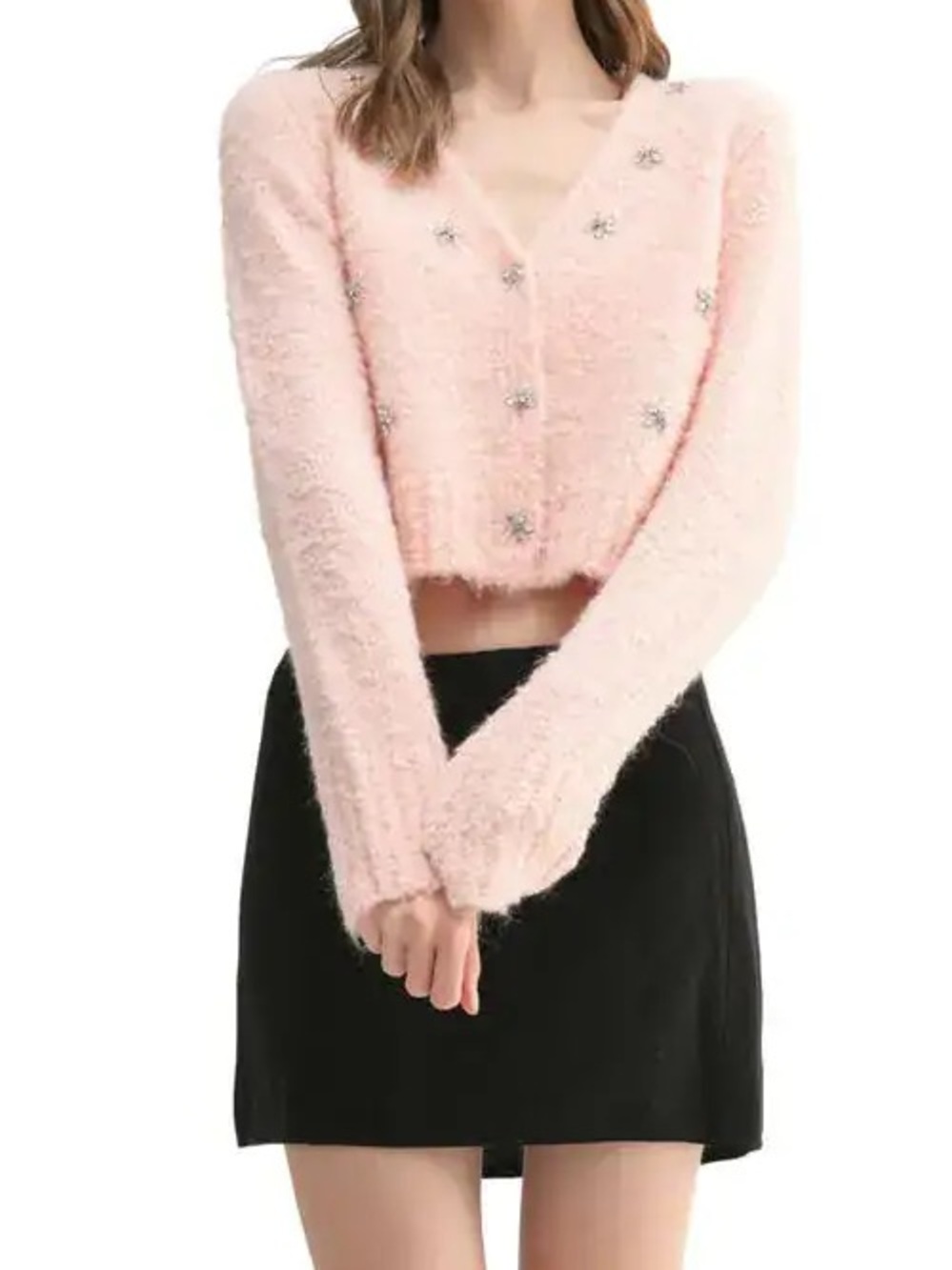 All in Favor Rhinestone Flower Cropped Blush Pink Fuzzy V-Neck Cardigan Sweater
